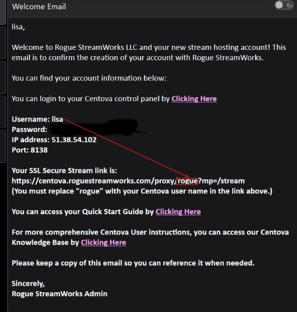 Example Rogue StreamWorks welcome email