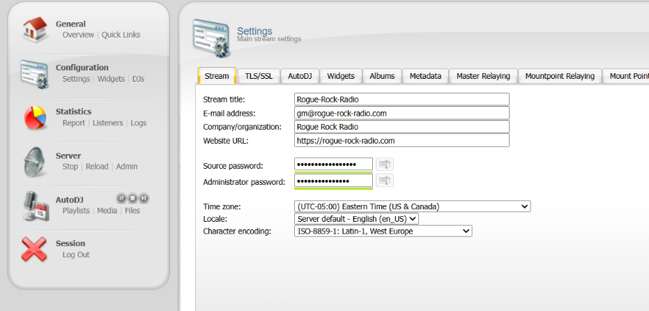 CentovaCast Settings page with the Stream tab selected