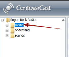 CentovaCast file manager showing the Media folder