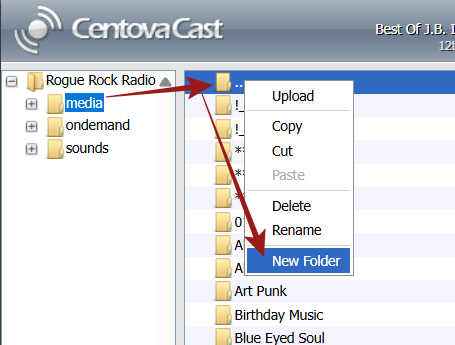 CentovaCast media manager showing the option to create a new folder