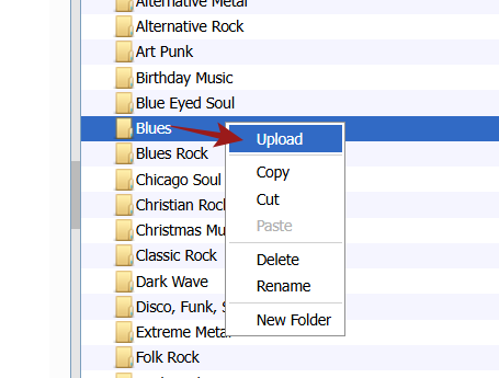 CentovaCast media manager showing the Upload option