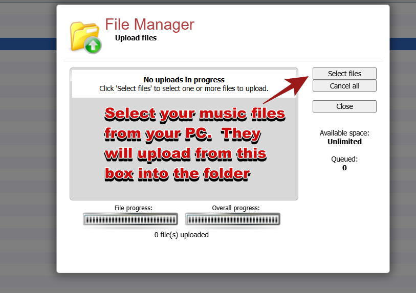 Selecting music files to upload into CentovaCast
