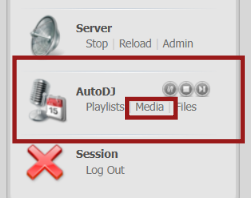 CentovaCast Auto DJ menu showing the Media option