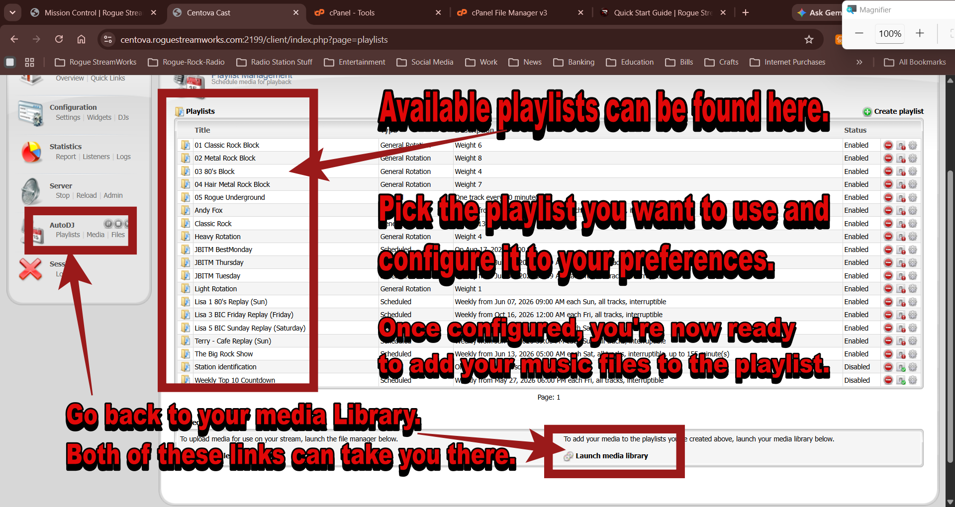 Centova Cast Playlist Management page showing existing playlists, controls, Create Playlist, and two ways to open Media