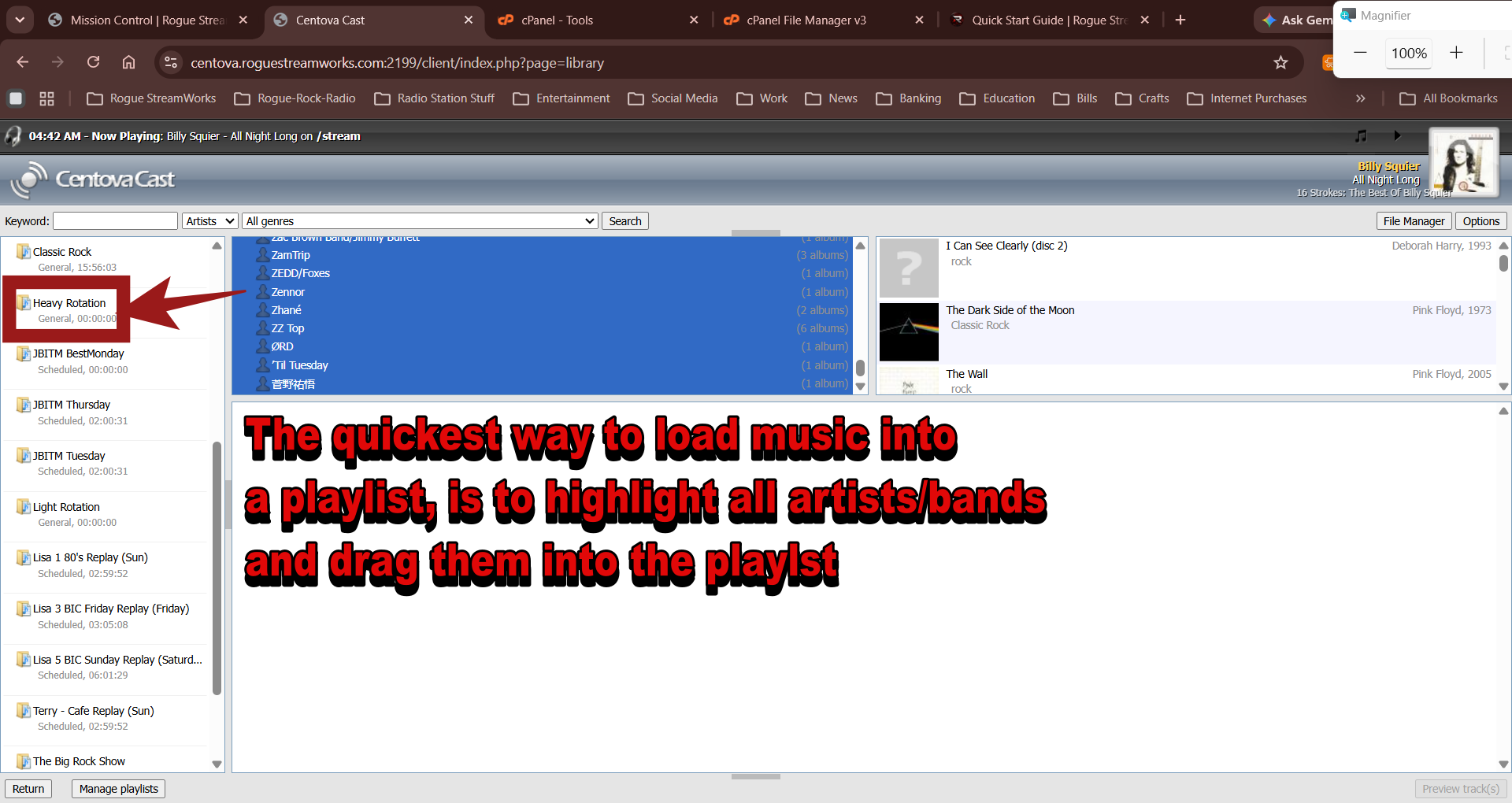 Centova Media Library showing selected artists being dragged to a playlist