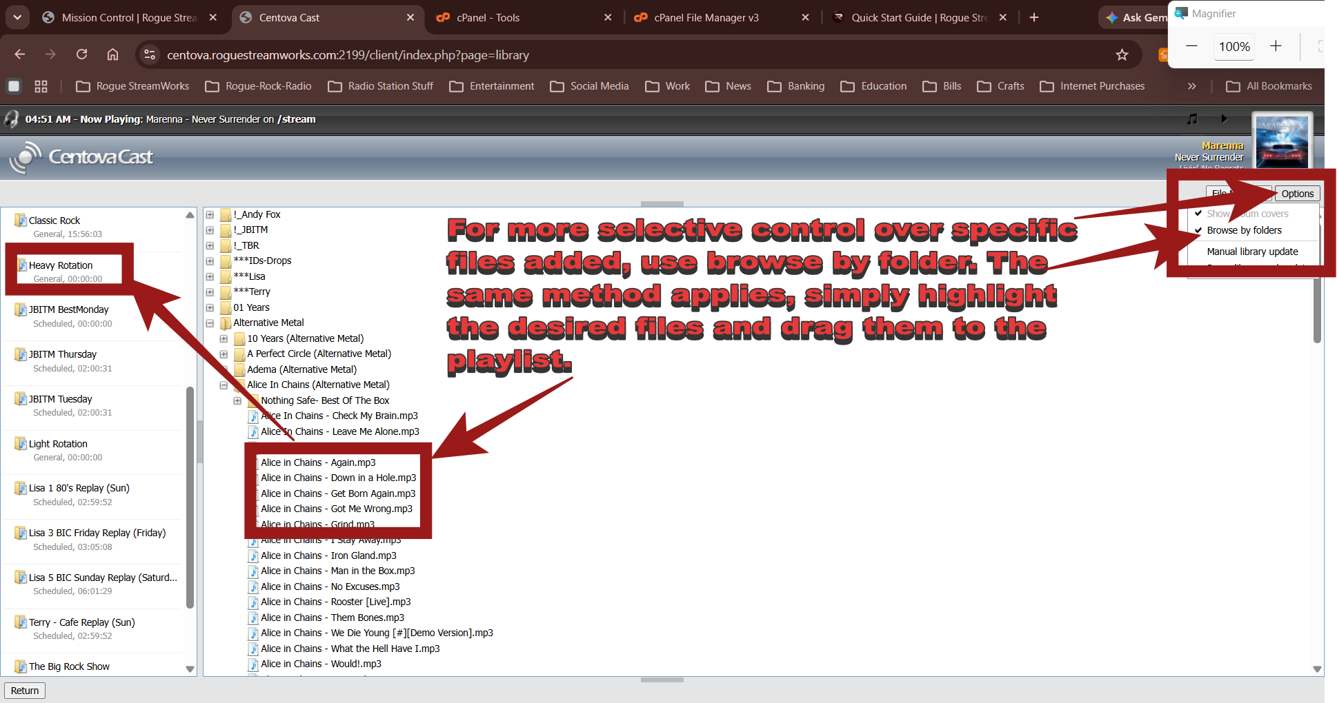 Centova Media Library Options menu showing Browse by folders