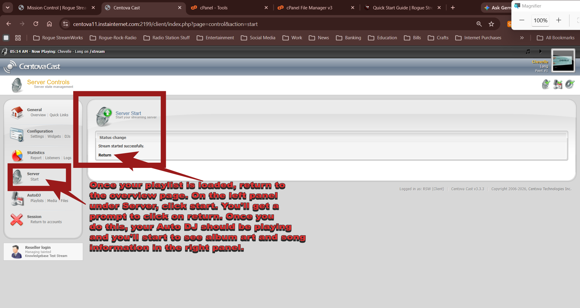 CentovaCast Overview page showing the Start Server control