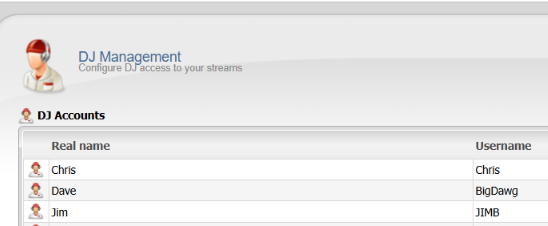 CentovaCast menu showing DJ Accounts