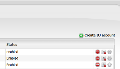 CentovaCast DJ Accounts page showing the Create DJ Account option