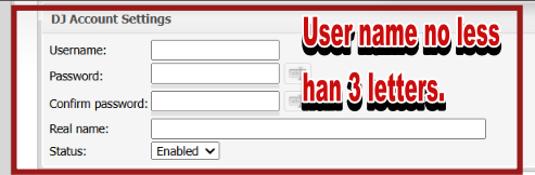 CentovaCast Create DJ Account page showing DJ account credentials