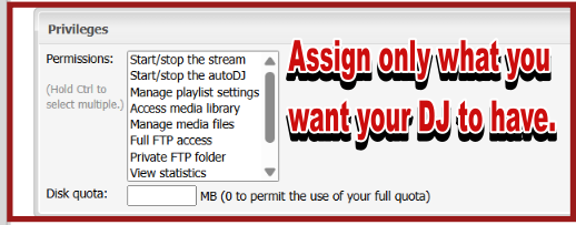 CentovaCast Create DJ Account settings