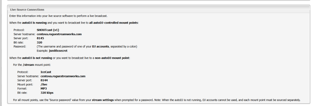 CentovaCast Quick Links page showing Live Source Connections