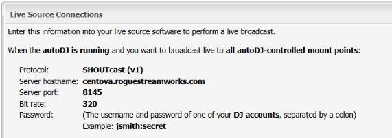 CentovaCast Live Source Connections information