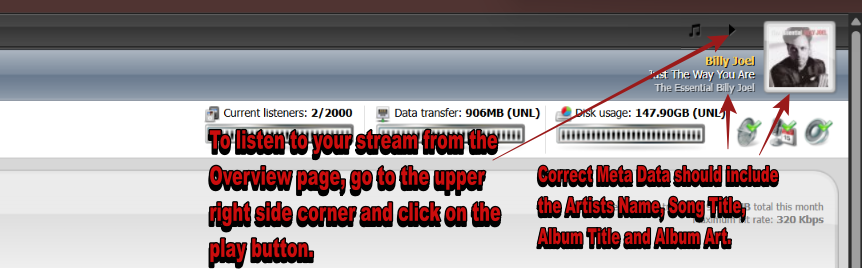 CentovaCast stream status showing the station broadcasting